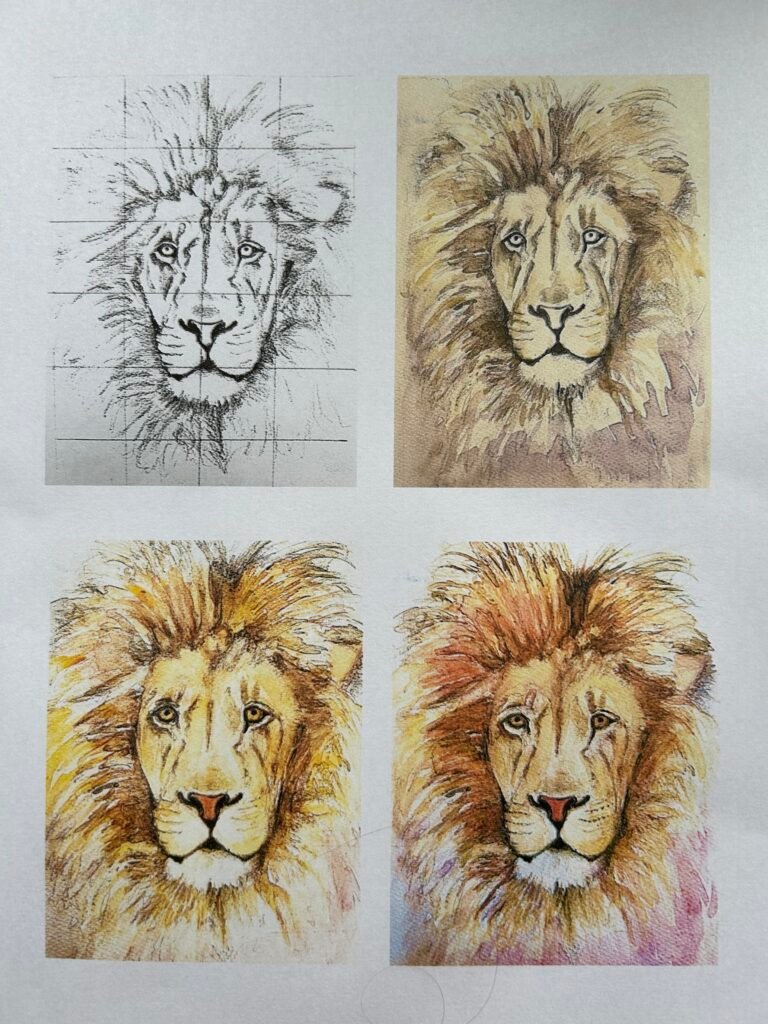lion watercolour painting showing how to paint