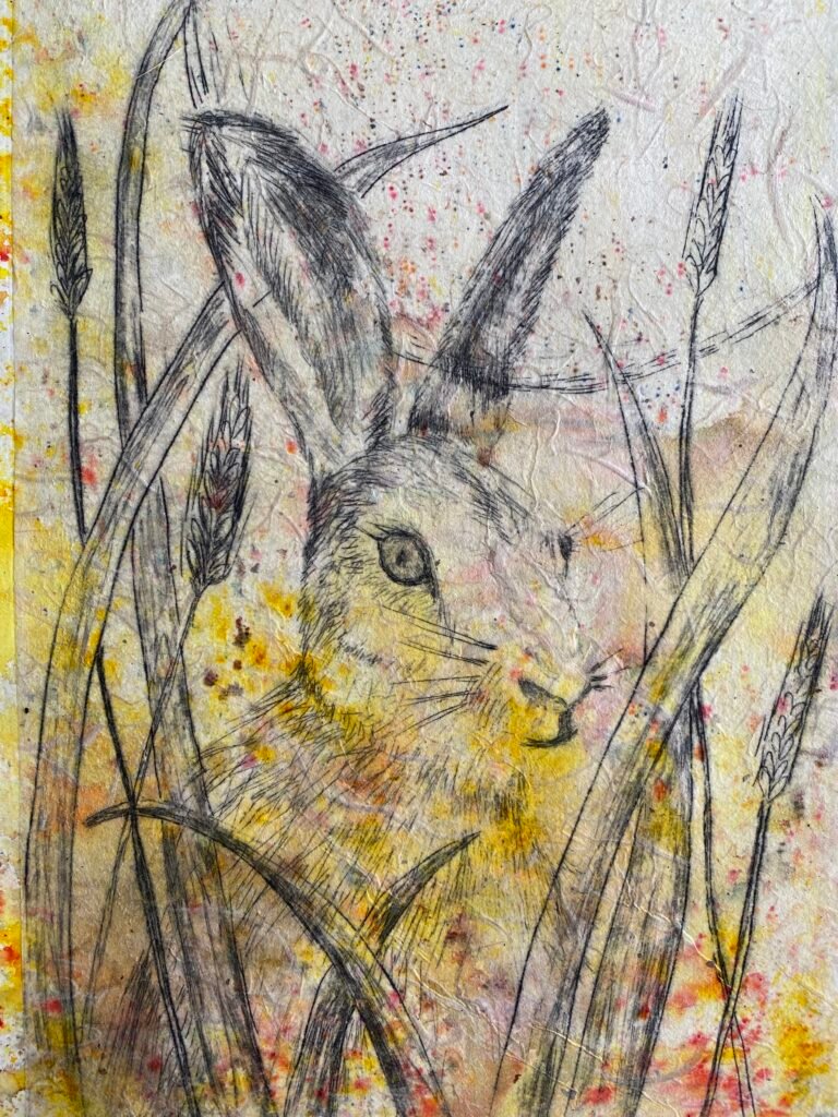 Hare in a Wheatfield etching design by Sharon Brookes